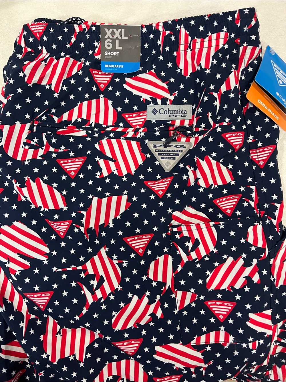 Columbia Navy, Red & White Clearwater shores swim trunks, XXL